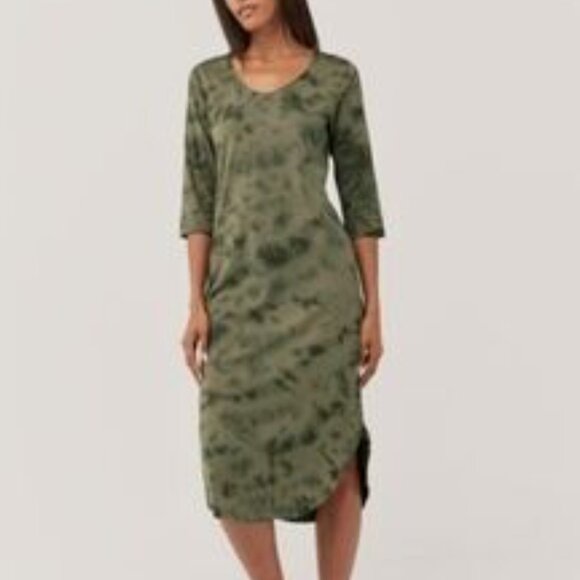 Pact Swell Stripe Fit Flare Midi Tie Dye Dress Org Cotton Green Women XL Chic - Picture 1 of 14